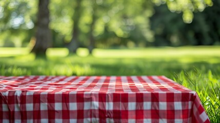 Wall Mural - Red checkered tablecloth on grassempty space blank Food design advertisement template Picnic place Checked cloth Napking laying outdoor : Generative AI