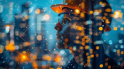 Aufkleber - Engineering worker future industry double exposure city concept construction building city development planning innovation contractor technician architect city background blue banner : Generative AI