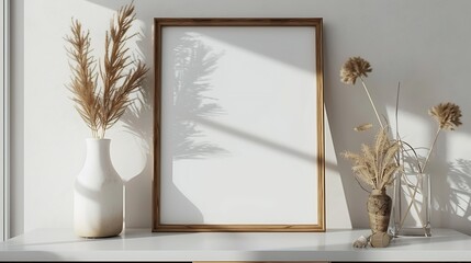 Wooden frame mockup on white table modern beige ceramic vases with dry grass   White wall background Scandinavian interior Copy space : Generative AI