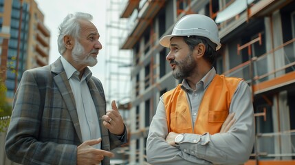 Senior caucasian white businessman complaining to building construction foreman about poor quality and late on process Upset man talking to engineer for the problem on construction bui : Generative AI