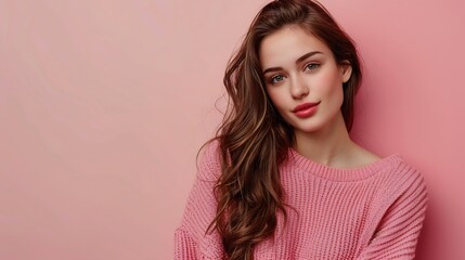 Leinwandbilder - Full length body size view of beautiful trendy cheerful girl demonstrating promo copy space isolated over pink pastel color background : Generative AI