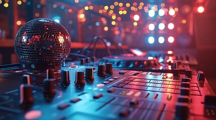 Poster - Empty DJ mixing panel at funky club spotlights and disco ball at the bar used for dancing and clubbing Dance floor at discotheque with audio equipment station used for partying nightli : Generative AI