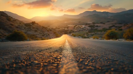 Poster - Straight asphalt road and mountain natural background at sunset : Generative AI