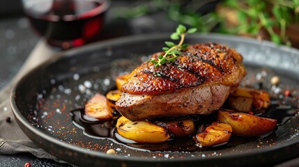 Roasted duck breast fillet on caramelized apples the dish lies on a black plate on a black background glass of red wine : Generative AI