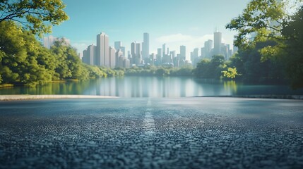 Wall Mural - Asphalt road platform and lake with city skyline background : Generative AI