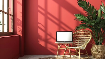 Aufkleber - Laptop computer with blank screen on comfortable rattan chair against red color wall Aesthetic template with mockup copy space Online store blog social media website branding Online sh : Generative AI