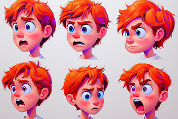 Poster - Emotional face cartoon character young office man 3/4 side view design vector illustration set. Happy, smiling, upset, surprised, sad, angry, shouting red hair person flat style concept