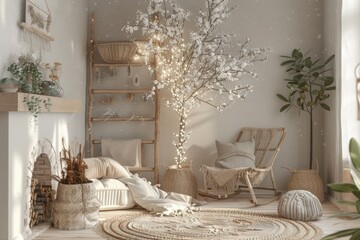 Wall Mural - A warm and inviting living room with comfortable furniture and a large tree in the corner