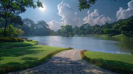 Poster - Panorama public park with clipping path : Generative AI