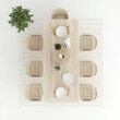 © Box Milk - Top down view, 3D Render of a Scandinavian dining room with a light wood table, floor plan, on isolated white background