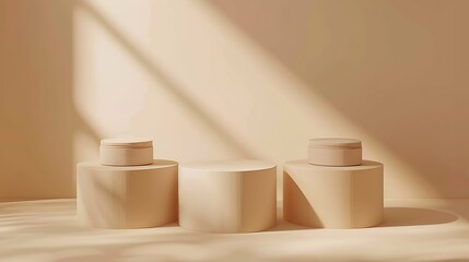 Poster - Three beige light podium for cosmetic product presentation : Generative AI