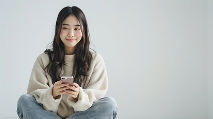 Aufkleber - Young beautiful Asian woman in casual clothes sitting on the floor and using her smartphone isolated white background chatting video call social media : Generative AI