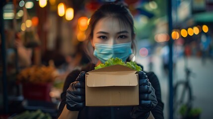 Asia people woman hand glove or face mask happy enjoy buy fast food carry send paper box pick up take home togo lunch meal Small cafe coffee shop work with wrap care new normal for SME : Generative AI