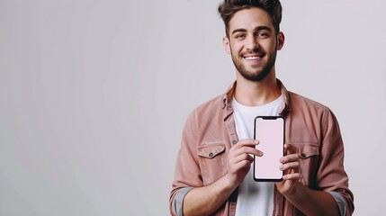 Poster - Handsome young man holding a smartphone mockup with a blank screen and smiling on a white background Celebrating success Gadget with empty space for mockup banner app : Generative AI