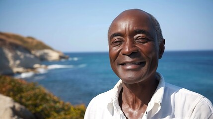 Wall Mural - Cropped image of smiling african american bald senior man against scenic view of sea and clear sky Copy space summer portrait unaltered lifestyle vacation retirement enjoyment and natu : Generative AI