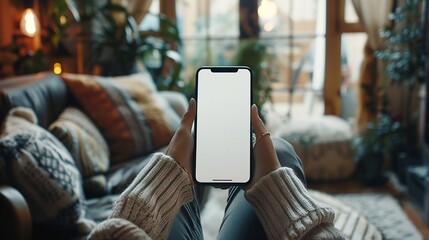 Poster - Mock up white screen blank mobile phone in woman hands holding sitting on armchair at home Back view : Generative AI