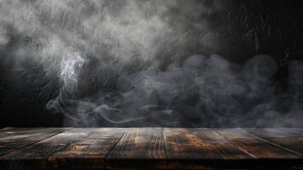 Aufkleber - On a black background an empty wooden table with smoke floats up Empty space for displaying your products with a smoke float up on a dark background Space available for displaying your : Generative AI