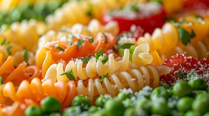 Wall Mural - Fresh Italian pasta with green peas bell peppers and corn Closeup Italian Cuisine : Generative AI