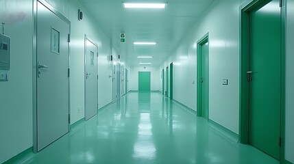 Poster - Interior of bright white room with green closed door in modern hospital : Generative AI