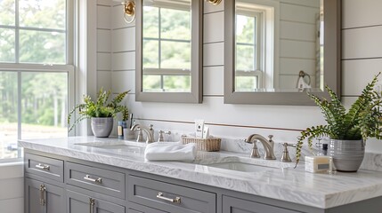 Poster - A luxurious renovated bathroom with a grey vanity rustic wood framed mirrors shiplap wall and chrome faucets and hardware : Generative AI