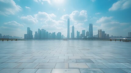 Wall Mural - Empty square floor and city skyline with modern buildings under blue sky : Generative AI