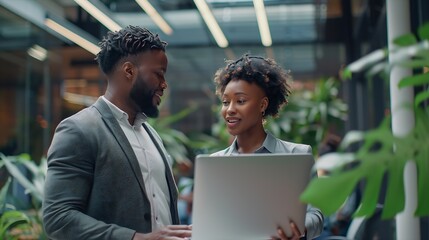 Poster - African american male and female colleague using laptop and talking standing in office copy space : Generative AI