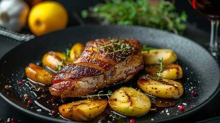 Canvas Print - Roasted duck breast fillet on caramelized apples the dish lies on a black plate on a black background glass of red wine : Generative AI