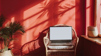 Aufkleber - Laptop computer with blank screen on comfortable rattan chair against red color wall Aesthetic template with mockup copy space Online store blog social media website branding Online sh : Generative AI