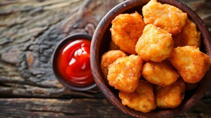 Wall Mural - Chicken nuggets with ketchup on a rustic wooden background with copy space A crispy snack at a restaurant a fast food dish : Generative AI