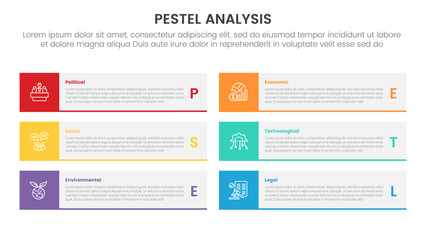  pestel business analysis tool framework infographic with long rectangle and footer list with 6 point stages concept for slide presentation