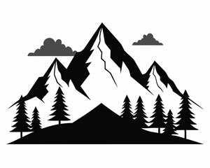 Wall Mural - Minimalist mountain massif in the Alps with pine trees, flat design, black and white, vector Illustration white background