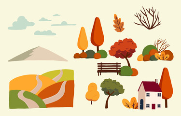 Wall Mural - set of element object autumn season for landscape card design