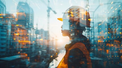 Aufkleber - Engineering worker future industry double exposure city concept construction building city development planning innovation contractor technician architect city background blue banner : Generative AI