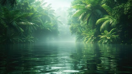 Dense jungle, towering trees and dense vegetation, a misty river flowing through the forest, green plants