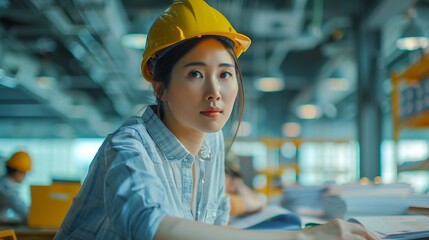 Poster - Diverse engineer team working at the office table with construction plans and architect equipment and planning construction project Focus on an asian vietnamese woman team leader holdi : Generative AI