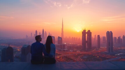 Wall Mural - A couple on holidays enjoys the panoramic view over the city skyline of Dubai UAE during sunrise : Generative AI