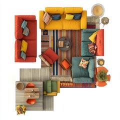 Top down view, 3D Render of an eclectic family room with colorful furniture, floor plan, on isolated white background