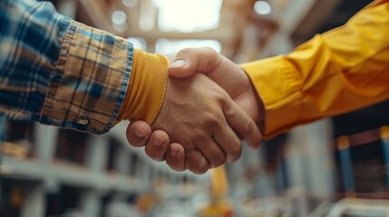 Poster - Construction workers architects and engineers shake hands while working for teamwork and cooperation after completing an agreement in an office facility successful cooperation concept : Generative AI