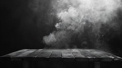 Aufkleber - On a black background an empty wooden table with smoke floats up Empty space for displaying your products with a smoke float up on a dark background Space available for displaying your : Generative AI