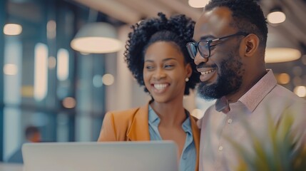 Poster - African american male and female colleague using laptop and talking standing in office copy space : Generative AI