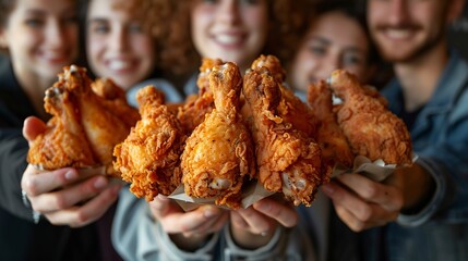 Cheerful people holding fried chicken standing over dark background with copy space : Generative AI