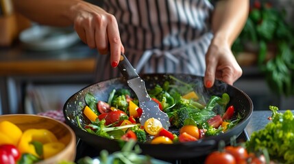 Wall Mural - Closeup image of a female chef cooking fresh mixed vegetables salad in kitchen : Generative AI