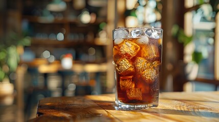 Aufkleber - Iced coffee with ice cubes in a glass on the table : Generative AI