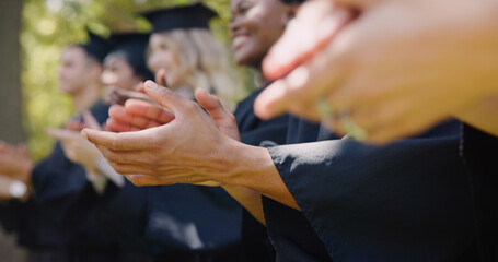 Wall Mural - Education, hands and students clapping at graduation for academic milestone and degree achievement. University graduate, applause and people at outdoor ceremony for success, college diploma or event