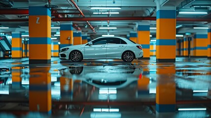 Poster - Single white car in an empty parking lot in an underground parking : Generative AI