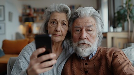 Mature senior caucasian couple husband and wife hold mobile phone and do self portrait hold mobile phone and do self portrait of himself at home : Generative AI