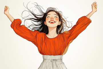 Happy smile laughing cartoon character young adult woman person portrait jumping with hands up in 3d style design on white background. Human people feelings expression concept