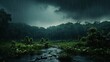 © hamzahalderad - A dark and stormy scene in a lush jungle with heavy rain and a crack in the ground in the foreground.