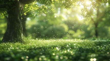 Poster - Blurred photogreen tree background View of the wild grass lawn Light sky : Generative AI