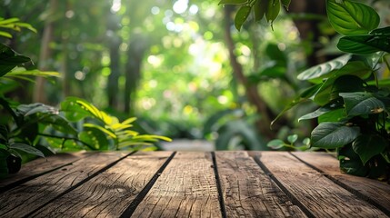 Wall Mural - Wood tabletop podium floor in outdoors green leaf tropical forest nature landscape backgroundOrganic healthy natural product present placement pedestal counter displayspring summer jun : Generative AI